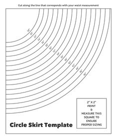 the circle skirt template is shown in black and white, with measurements for each section