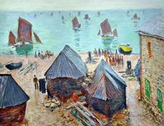 an image of a painting of people on the beach with sailboats in the water