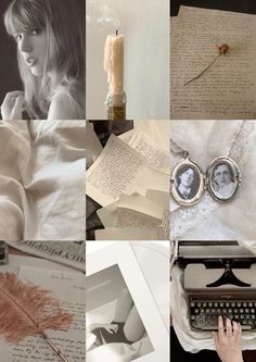 a collage of photos with an old typewriter, feather, and other items