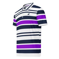 Get ready to impress with this awesome men's navy blue, purple and white classic surf stripes polo shirt from Extremely Stoked®️.Classic Surf Stripes Polo Shirt is crafted from soft, breathable, and lightweight fabric keeping you cool and comfortable all day long, whether at a business meeting, social event, or the golf course. Perfect for any occasion, this super sweet polo shirt will have you looking and feeling Extremely Stoked!Disclaimer: This Polo Shirt runs a bit small, we recommend sizing Golf Polo Shirt With Three Stripes, Casual Three Stripes Polo Shirt For Golf, Striped Polo Shirt With Polo Collar For Golf, Blue Polo Shirt With Horizontal Stripes, Blue Striped Polo Shirt With Polo Collar, White Horizontal Stripe Polo Shirt For Summer, Blue Striped Polo Shirt For Summer, White Polo Shirt With Horizontal Stripes, Blue Casual Polo Shirt With Three Stripes