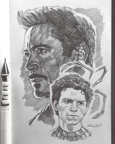 a pencil drawing of two men, one with his head turned to look like the other