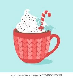 a red cup filled with whipped cream and candy cane on top of it, surrounded by hearts