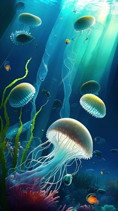 an underwater scene with jellyfish and other marine life in blue water, under the sunlight