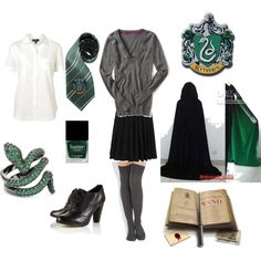 some harry potter outfits and accessories are arranged in this image, including shoes, scarves, sweaters, scarf, tie, book, dress shirt, skirt, purse