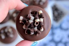 a hand holding a chocolate dessert with marshmallows on it's side