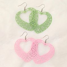 Pink Green Filigree Heart Earrings. * Boutique Elegant Heart Jewelry For Spring, Elegant Heart Shaped Jewelry For Spring, Elegant Heart-shaped Jewelry For Spring, Pink Double Heart Pierced Earrings, Green Heart Earrings For Valentine's Day, Green Heart Charm Earrings For Valentine's Day, Cheap Pink Heart Print Earrings, Nickel-free Green Heart Earrings, Playful Pink Heart Earrings For Valentine's Day