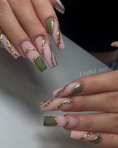 Army Green Nails Acrylic, Earth Tone Nails Acrylic, Army Green Nails With Design, Army Green Nail Designs, Khaki Green Nails, Earth Tone Nails Designs, Pretty Girl Nails, Green Baddie Nails, Army Green Nails