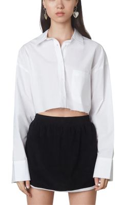 Poplin boxy cropped shirt featuring raw hem and patch pocket detail. Boxy Cropped Shirt, Cropped Button Down, Vintage Clothes Women, Cropped Shirt, Poplin Shirt, High Waisted Trousers, Crop Shirt, Pocket Detail, Cotton Poplin