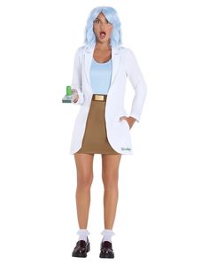 a woman in a white jacket and brown skirt holding a green bottle with her mouth open