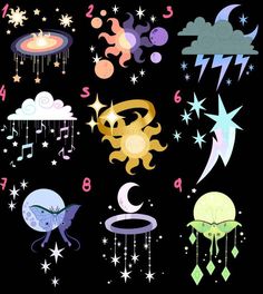 an image of various items that are in the night sky with stars and moon on them