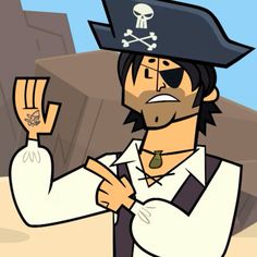 a cartoon man with a pirate hat and eye patch making the peace sign while standing in front of a building