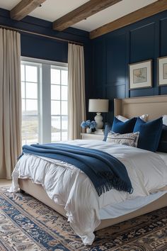 a bedroom with blue walls and white bedding