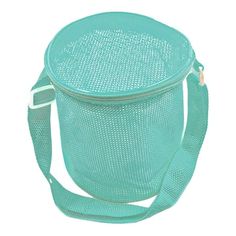 a green mesh bag with a white handle on the bottom and two straps around it