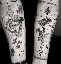 two people with tattoos on their arms and legs, both showing the same tattoo designs