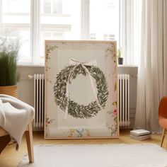 a room with a chair, rug and painting on the wall next to a radiator