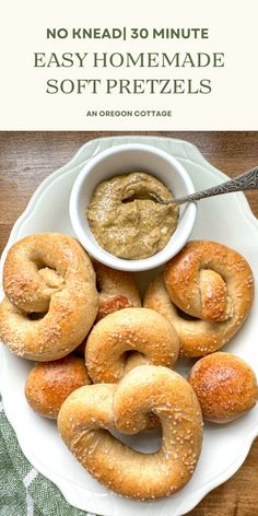 homemade soft pretzels on a plate with dipping sauce