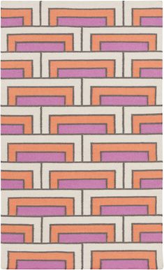 an orange and pink rug with squares on it