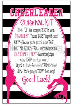 the cheerleader survival kit is shown in pink and black stripes with an image of a woman