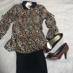 This Leopard Print Chiffon Top Is A Classic Addition To Any Wardrobe. It Is Perfect For Work When Paired With A Pencil Skirt And Pumps Or Pair It With Jeans And Boots For A More Dressed Down Look! Printed Chiffon Tops, Button Down Dress Shirt, Love Tree, Tree Tops, A Pencil, Button Down Dress, Print Chiffon, Chiffon Top, Dressed Down