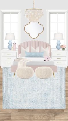 a bedroom with white furniture and pink accents, including a chandelier above the bed