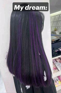 Back Of Hair Dyed Purple, Black Silver And Purple Hair, Dark Purple Ends Hair, Jet Black Hair With Purple Highlights, Black Purple Highlights, Purple Highlights Black Hair Straight, Purple Hair Dye On Black Hair, Dark Brown Hair With Purple Tips, Purple Hair Dye Ideas For Black Hair