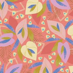 a colorful pattern with leaves and flowers on a pink background