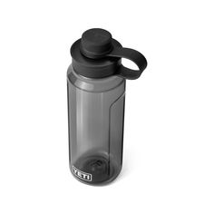 a gray water bottle with a black lid