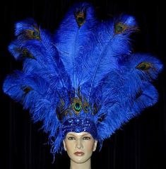 Prime Ostrich Feather Carnival Headdress Showgirl Hat costume peacock accent Blue Costume Hat For Carnival, Feathered Fitted Headpiece For Costume, Fitted Feather Headpieces For Costumes, Fitted Feather Costume Hat, Fitted Blue Feathered Costume Hat, Blue Headpieces For Carnival, Blue Costume Hats And Headpieces For Carnival, Costume Party Hats With Ostrich Feathers, Fitted Blue Costume Hat With Feathers