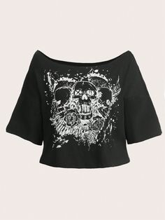 Plus Size Women's Skull Printed Off Shoulder T-Shirt, School Black Casual  Half Sleeve Knitted Fabric Graphic,Halloween  High Stretch  Women Plus Clothing, size features are:Bust: ,Length: ,Sleeve Length: Prints For T Shirts Graphic Tees, New Trendy Clothes For Women, Grunge Clothing Brands, Off Shoulder T-shirt, Scene Crop Top, Skull Graphic Tee, Y2k T-shirts, Off The Shoulder Graphic Tee