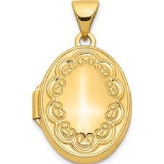 Material:  Primary - Purity: 14KFinish: PolishedLength of Item: 23.8 mmMaterial:  Accent Color 1: PinkFeature: OpensManufacturing Process: Die StruckMaterial:  Primary: GoldWidth of Item: 14.05 mmEngravable: YesProduct Type: JewelryJewelry Type: Pendants & CharmsSold By Unit: EachPendant/Charm Type: LocketGender: Women'sMaterial:  Inlay: FabricBail Width: 4 mmMaterial:  Primary - Color: YellowBail Length: 5.75 mmFeature 2: HollowFeature 3: Polished BackCapabilities and Inclusions: Holds 2-11x15.25mm Oval Shaped Photos Oval Locket, Jewelry Lockets, Jewelry Pendants, Made In China, Yellow Color, Accent Colors, Locket, Gold Necklace, Yellow Gold