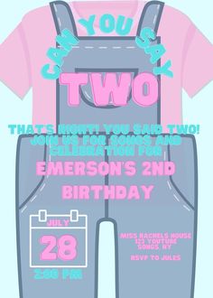 an image of a birthday card with the words two and a pair of overalls