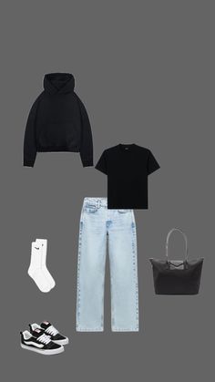 an assortment of clothing and accessories including shoes, handbag, sweatshirt, jeans, tote bag