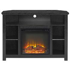 an entertainment center with a fireplace and fire place in the corner, on white background