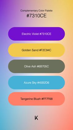 Complementary Color Palette Electric Violet #7310CE · Golden Sand #F2C94C · Olive Ash #6B705C · Azure Sky #45B2D6 · Tangerine Blush #FF7F68 Violet Pallet Color, Complementary Color Palette, Electric Purple, Purple Color Palettes, Hex Colors, Complementary Colors, Unique Colors