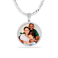 This Round pendant with stones is the perfect gift for that special someone. One subject can be taken from a photo and engraved in spectra color onto the finished piece making it a colored heirloom to treasure. Available in silver plated and gold plated. Measures: 25mm diameter. Get Yours Today! Silver Diamond Medallion Jewelry, Diamond Medallion Silver Jewelry, White Gold Jewelry With Birthstone In Round Pendant, Personalized Cuban Link Necklace As Gift, Personalized Cuban Link Necklaces For Gift, Personalized Cuban Link Necklace For Gift, Customizable Silver Round Pendant Jewelry, Keepsake Diamond Pendant Jewelry, Diamond Pendant Jewelry For Keepsake