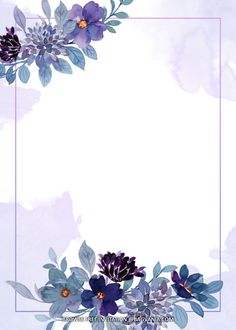 watercolor flowers and leaves are arranged in the shape of a square frame on a purple background