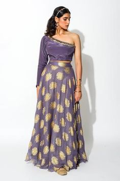 Shop for Rishi and Vibhuti Purple Taxo One Shoulder Blouse And Lehenga Set for Women Online at Aza Fashions One Shoulder Dress With Zari Work For Designer Wear, One-shoulder Bollywood Dress With Zari Work, One Shoulder Bollywood Dress With Zari Work, Bollywood One Shoulder Dress With Zari Work, Traditional One-shoulder Festive Sets, Festive One-shoulder Dress With Zari Work, Festive Traditional One-shoulder Set, Festive One-shoulder Set With Resham Embroidery, Festive One-shoulder Sets With Resham Embroidery