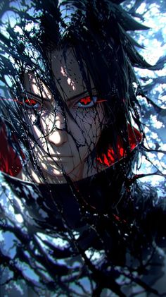 an anime character with red eyes and black hair is looking at the camera while surrounded by branches