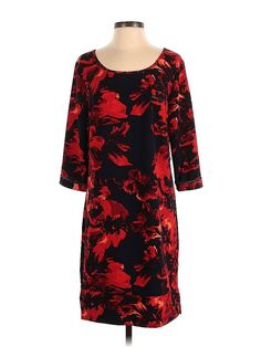 Merona Casual Dress Size: Small Red Dresses - used. 90% POLYESTER, 10% SPANDEX, Shift, Boatneck, Print, Short, 3/4 Sleeve | Merona Casual Dress - Shift: Red Print Dresses - Used - Size Small Red 3/4 Sleeve Midi Dress For Fall, Red Midi Dress With 3/4 Sleeves For Fall, Red 3/4 Sleeve Dress For Spring, Red 3/4 Sleeve Spring Dress, Red 3/4 Sleeve Dress For Fall, Red Casual Dress, Red Dresses, Print Dresses, Casual Dresses For Women