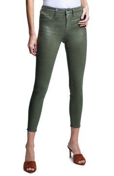 Coated for a sleek sheen, these skinny crop jeans with a high waist polish your look without any effort at all. 26" inseam; 10" leg opening; 10 1/2" front rise; 14 1/2" back rise (size 29) Zip fly with button closure Five-pocket style 86% cotton, 11% elastane, 3% spandex Spot clean only Made in the USA of Imported fabric Women's Clothing Chic Green Jeans For Fall, Chic Mid-rise Green Jeans, Green Cropped Leg Jeans For Fall, Chic Green Mid-rise Jeans, Fall Slim Fit Cropped Leg Bottoms, Tight Jeans For Fall, Chic Stretch Green Jeans, Fall High-waist Versatile Jeggings, Tight Jeans For Workwear In Spring