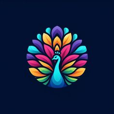 a colorful peacock logo on a dark background