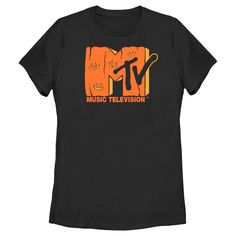 If you like to keep your look and your music a little on the wild side, then you're going to love this new officially licensed MTV Jack-o'-lantern Logo Women's Graphic T-Shirt! This holiday-themed tee features the classic MTV logo in black and orange print, filled with scary pumpkin faces across the front. Dress in style this October with boo-tiful MTV apparel that is perfect for your next big Halloween party! Halloween Band Logo T-shirt For Fans, Black Band Logo T-shirt For Fall, Band Logo Tops For Fall Fan Merchandise, Halloween Pop Culture Band Logo T-shirt, Halloween Crew Neck Tops With Band Logo, Halloween Band Logo T-shirt, Halloween Band Merch Tops With Band Logo, Halloween Band Merch Top With Band Logo, Band Logo Merch Tops For Halloween