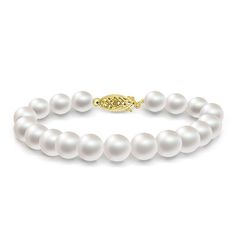 Large and luxurious, this 8.0-8.5mm white Akoya pearl bracelet features AAA quality saltwater pearls that have been hand selected for their smooth, unblemished surfaces, bright, crisp luster and softly shimmering overtones. Double knotted on white silk and finished with a 14k gold clasp. Luxury Akoya Pearl Pear Jewelry, Luxury Akoya Pearl Bracelets For Anniversary, Luxury Akoya Pearl Bracelets With Pearl Charm, Luxury Bracelets With Pearl Charm, Akoya Pearl Bracelet With Pearl Charm, Akoya Pearl Drop Round Bracelets, Akoya Pearl Drop Bracelet, Classic Yellow Gold Bracelets With Pearl Drop, Classic Yellow Gold Bracelet With Pearl Drop