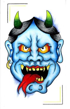 a drawing of a blue demon with horns on his head