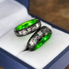 IMG_9117 Green Engraved Wedding Rings, Black Engraved Wedding Ring, Green Engraved Promise Ring, Irish Ring, Irish Rings, Clover Ring, Celtic Ring, Couples Ring Set, Badass Style