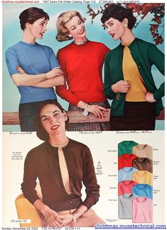 1950s Women, Old School Fashion, 1950’s Fashion, Fall Lookbook, Vintage Everyday, Brown Cardigan, Christmas Catalogs, Beige Top