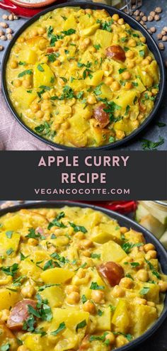 two images showing how to make an apple curry recipe with potatoes and chickpeas