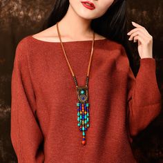 rattan creative national style jewelry stall supply new tassel leather Tibetan sweater chain pendant necklace Vintage Stone Necklace, Tibetan Necklace, Authentic Jewelry, Necklace Brands, Sweater Chain, Agate Necklace, Bead Leather, Vintage Turquoise, Braided Leather