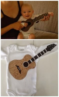 a baby with a guitar on it's chest and an image of a woman holding a ukulele