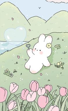 a white teddy bear sitting on top of a lush green field filled with pink flowers